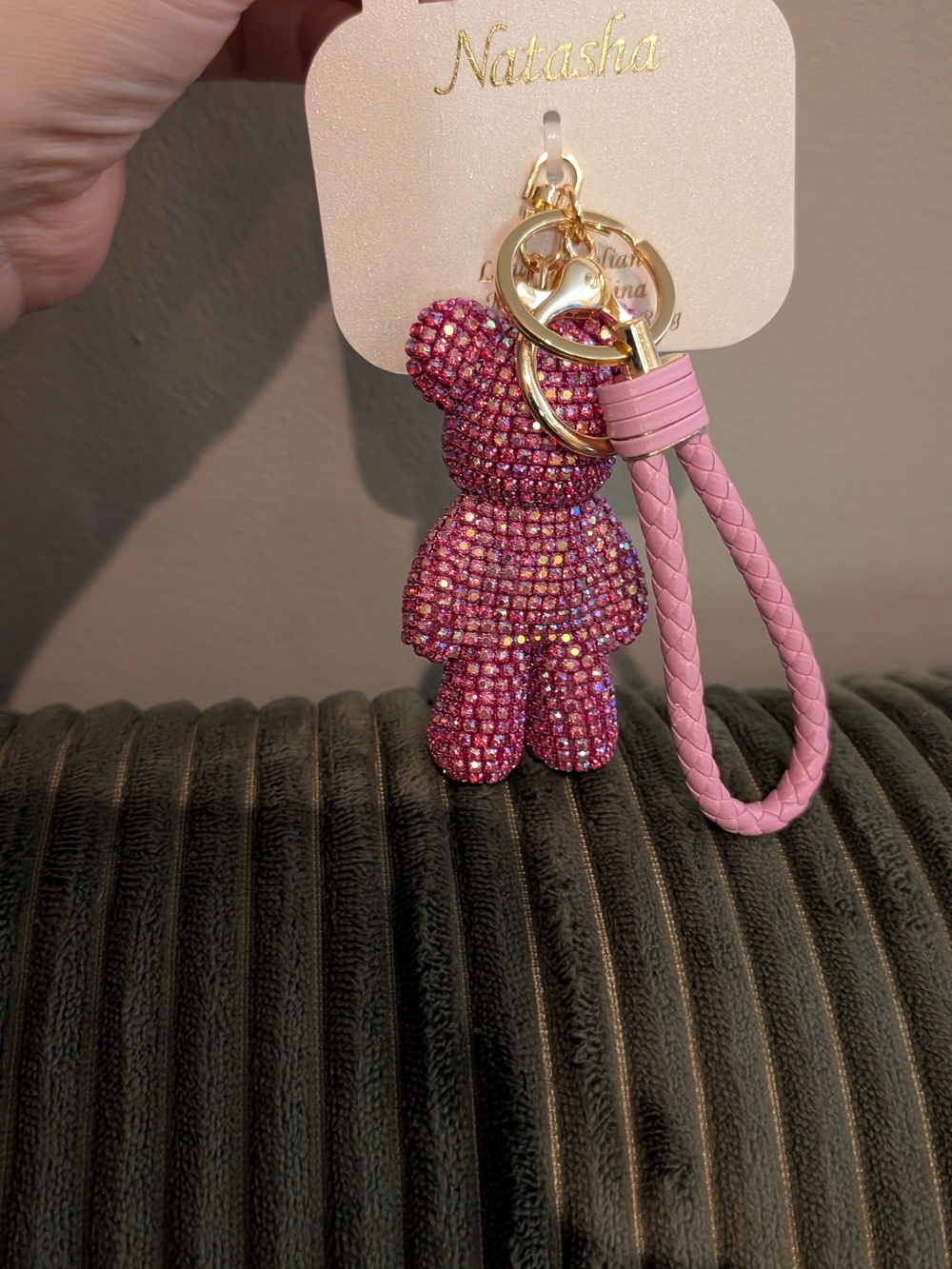 Natasha Couture Pink Crystal Bear Keychain Wristlet with Gold Hardware